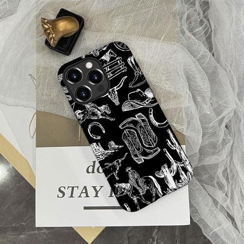 Compatible with iPhone 16 Pro Max,Anti-Scratch Frosted Case Cover,Western Collage Cowboy Black thumbnail 5