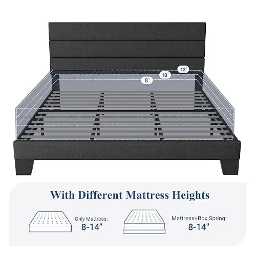 Allewie King Size Platform Bed Frame with Fabric Upholstered Headboard Gray | Wooden Slats Support, Fully Upholstered Mattress Foundation, No Box Spring Needed, Easy Assembly, Noise-Free, Dark Grey thumbnail 7