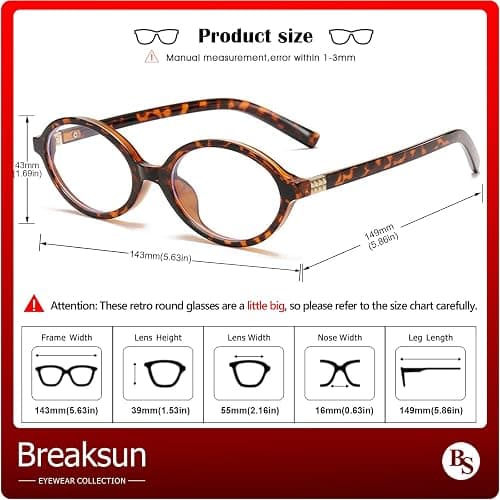 Breaksun Fashion Oval Glasses for Women Men Retro Round Tortoise Frame Blue Light Glasses Nerd Eyeglasses thumbnail 6
