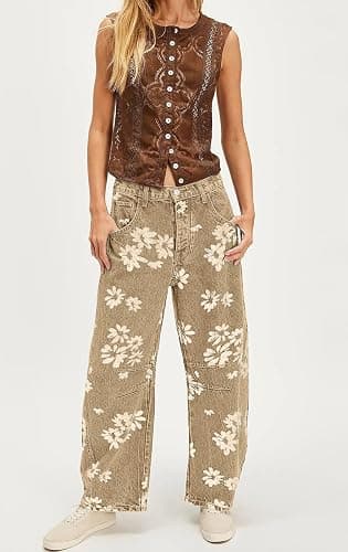 loveimgs Women Y2k Distressed Barrel Jeans Baggy Wide Leg Jeans Floral Printed Boyfriend Patchwork Denim Pants thumbnail 5