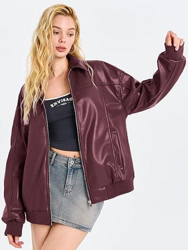 Tankaneo Womens Faux Leather Jackets Oversized Bomber Casual Fall Fashion Zip Up Moto Biker Coats thumbnail 4