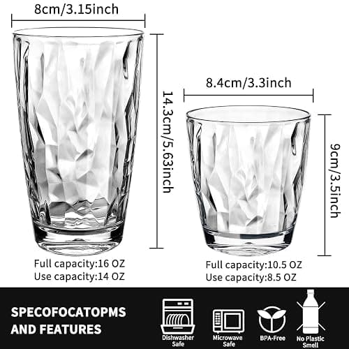 Plastic Water Tumblers | Set of 8 Transparent Unbreakable Drinking Glasses Clear Acrylic Reusable Juice Wine Cups |4 each: 12-ounce and 16-ounce for Home Picnic Party, Dishwasher Safe, Stackable thumbnail 3