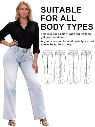 ONESO Mid-Low Rise Baggy Jeans Wide Leg for Women Distressed Pants Stretchy Bottom Lady Basic Comfortable Denim thumbnail 6