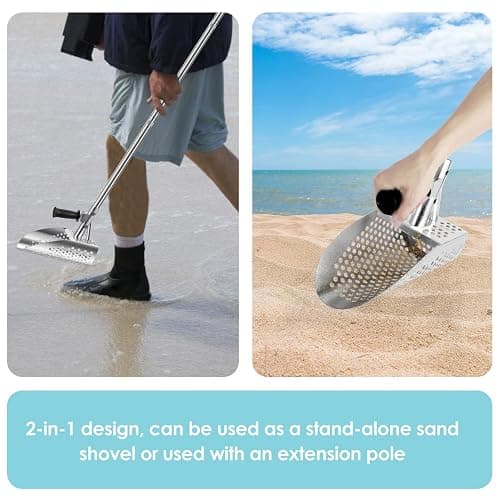 Metal Detecting Sand Scoop, Heavy Duty Metal Detecting Shovel with Removable Long Handle Stainless Steel Rustproof Beach Shovel Handheld Sand Scoop for Beach Underwater Treasure Hunting thumbnail 6