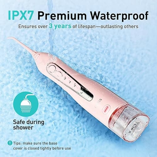 COSLUS Water Dental Flosser Teeth Pick: Portable Cordless Oral Irrigator 300ML Rechargeable Travel Irrigation Cleaner IPX7 Waterproof Electric Flossing Machine for Teeth Cleaning C20(F5020E) Pink thumbnail 4