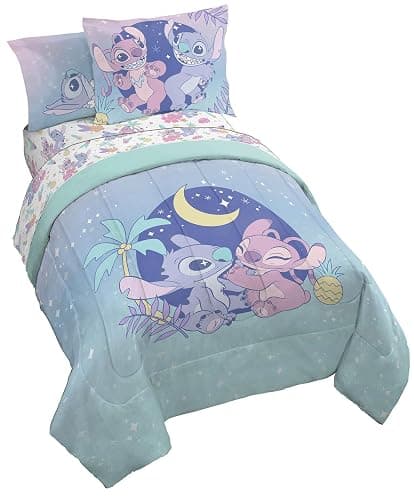 Jay Franco Disney Lilo and Stitch Twin Size Comforter Set - 5 Piece Floral Bedding Includes Sheet Set & Pillow Covers Features Angel - Super Soft Purple & Teal Stars Kids Bedding - Image 1