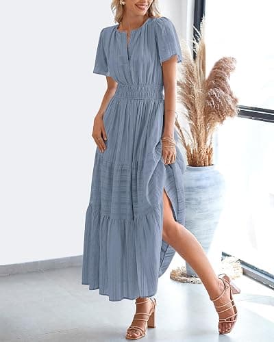 BTFBM Womens Summer 2025 Casual Midi Maxi Dresses Lightweight Short Sleeve V Neck Elastic Waist Boho Beach Dress Pockets thumbnail 8