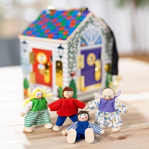 Melissa & Doug Take-Along Wooden Doorbell Dollhouse - Doorbell Sounds, Keys, 4 Poseable Wooden Dolls Portable Doll House, Doorbell House for Kids Ages 3+ thumbnail 10