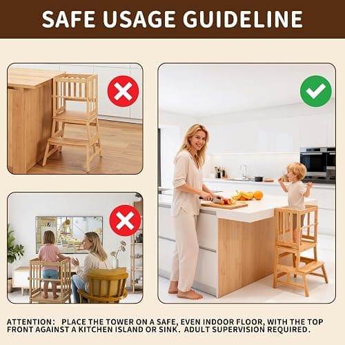 COSYLAND Kids Kitchen Step Stool，Toddler Standing Tower with CPC Certification, Removable Anti-Drop Railing Safety Rail Unique Patented Design Anti-tip Structure More Stable, 1.5-3 yrs Natural Bamboo thumbnail 5