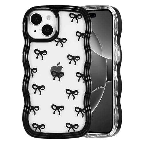 QLTYPRI Bow Case for iPhone 13/iPhone 14, Clear Cute Ribbon Bow Phone Case Curly Wavy Aesthetic Phone Case, Slim Soft Transparent Shockproof Protective Cover for Women Girls - Black thumbnail 7