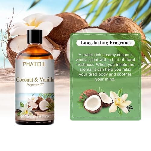 PHATOIL 3.38FL.OZ Coconut & Vanilla Fragrance Oils for Aromatherapy, Essential Oils for Diffusers for Home, Perfect for Diffuser, Yoga, DIY Candle and Soap Making - 100ml thumbnail 5