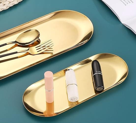 9 Inch x 3.8 Inch Trinket Tray Gold Oval Stainless Steel Small Serving Trays Towel Storage Plate Tea Fruit Trays Jewelry Plate Decorative Storage Tray (2 Gold, Medium) thumbnail 5