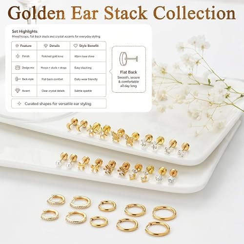14K Gold Plated Earrings Set for Women | Small Hoop & Stud Earrings for Sensitive Ears | Stackable Flat Back Jewelry for Multiple Piercings | Dangle & Huggie Earring Gift Set thumbnail 5
