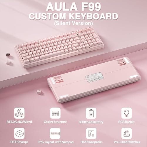 AULA F99 Wireless Mechanical Keyboard-Silent Version,Tri-Mode(BT5.0/2.4GHz/USB-C),Gasket Structure,Hot Swappable Mechanical Keyboard with Pre-lubed Linear Switches,RGB Backlit PC Gaming Keyboards,Pink thumbnail 2