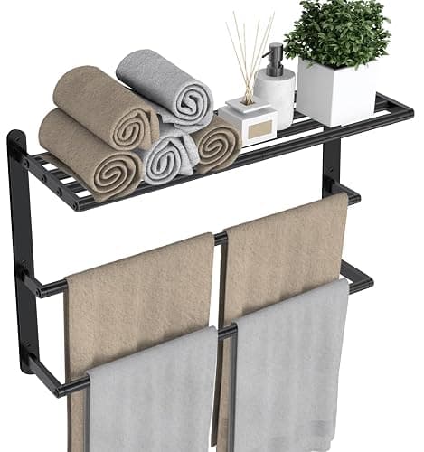VOTZAAQ Towel Racks for Bathroom, 24 in Black Towel Shelf with Double Towel Bar, 3 Tier Stainless Steel Towel Storage, Bath Towel Holder Wall Mounted for Lavatory Organizer Decor RV Camping - Image 1