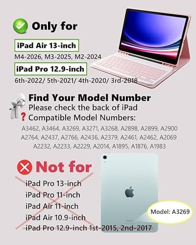 TUNKARMOR for iPad Air 13 inch (M4-2026, M3-2025, M2-2024) Case Keyboard and iPad Pro 12.9 inch (6th, 5th, 4th, 3rd Generation) Keyboard Case Built-in Pencil Holder with Mouse - Pink thumbnail 2
