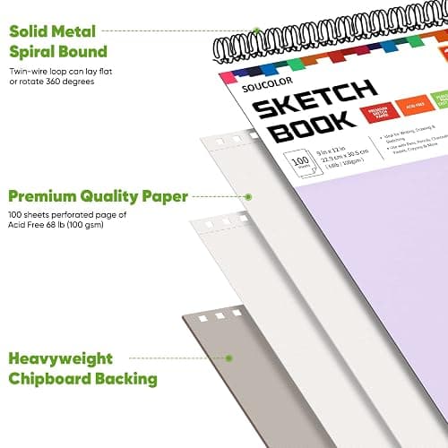 Soucolor 9" x 12" Aesthetic Sketch Book, 1-Pack 100 Sheets School Supplies Cute Sketchbook for Women, Japanese Stationary Sketching Supplies for Kids Teen Girl Gifts Birthday Gifts, Pastel Purple thumbnail 2