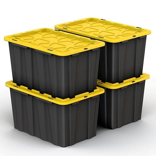 4 PACK Large Black & Yellow Storage Bins | Plastic Tote Organizing Container with Secure Latching Lids, Stackable, Extra Strength with Built in Handle | Black and Yellow Bins | 24.5" x 16.5" x 13.5" - Image 1