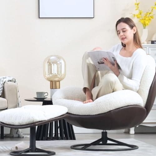 ZH4YOU Swivel Sherpa Accent Chair with Ottoman, Mid Century Modern Lounge Chair with Footrest, Comfy Reading Chair with 360 Degree Metal Base for Small Space/Living Room/Bedroom, White Fur - Image 1