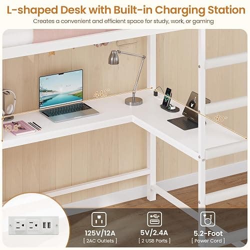 DICTAC Twin Size Loft Bed with L-Shaped Desk and 7 Storage Drawers,Metal Twin Loft Bed for Kids with LED Lights & Charging Station,Girls loft beds with 13.11" H Safety Guardrail and Stair,White+Pink thumbnail 6