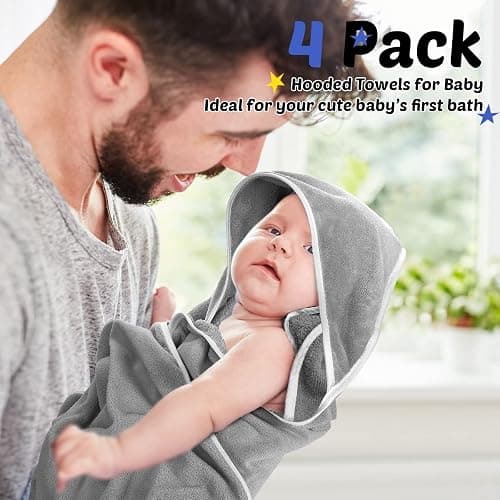 Reginary 4 Pack Baby Hooded Towels Coral Fleece Baby Bath Towels 30 x 30 Inch Soft Absorbent Hooded Bath Blanket for Newborn Toddler Infant Boy Girl Shower Gift Supplies (Gray) thumbnail 8