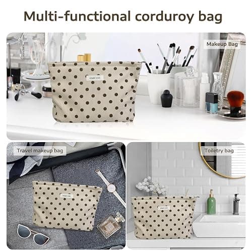 Wudygirl Makeup Bag Makeup Pouch for Women Corduroy Cosmetic Bag Portable Travel Toiletry Bag Large Capacity Make up Organizer with Zipper（Beige Polka Dot） thumbnail 7
