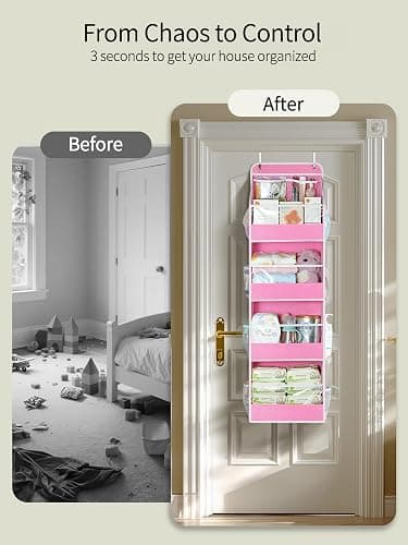 Yecaye 5 Tier Over the Door Organizer, Swing-proof Door Organizer Hanging with Clear PVC Windows, Behind the Door Storage for Bedroom Nursery Closet Laundry Pantry Bathroom, Bubblegum Pink thumbnail 4