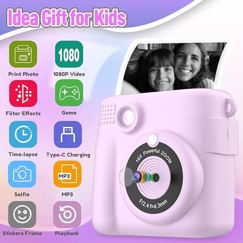 ESOXOFFORE Instant Print Camera for Kids, Christmas Birthday Gifts for Girls Boys, HD Digital Video Cameras for Toddler, Portable Toy for 4 5 6 7 8 9 10 Year Old Girl with 32GB SD Card-Purple - Purple thumbnail 2