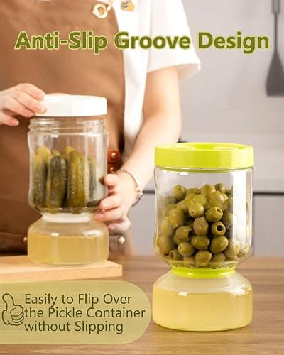 ZENS Glass Pickle Jar with Strainer Flip, 2 Pack Pickle Container Olive Hourglass Jars, Airtight Pickle Juice Separator from Wet and Dry, Pickles Storage Jar 51oz-Green & White thumbnail 6