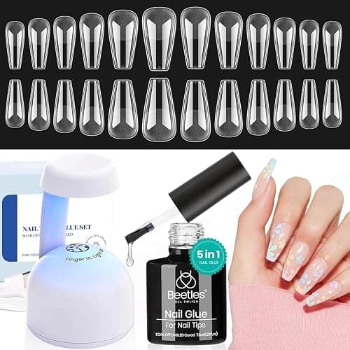 Beetles Gel Nail Kit Easy Nail Extension Set With Etch X Nail Tips 504Pcs Half Matte Medium Coffin Shaped Tips 5 in 1 Nail Glue Base Gel and Innovative Led Lamp Diy Art at Home Nail Kit thumbnail 8