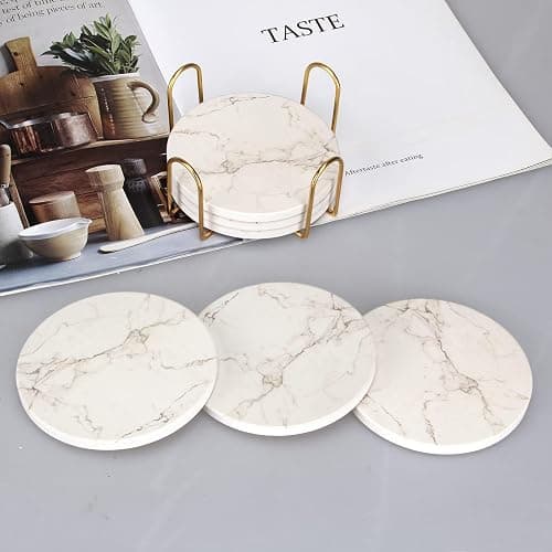 6 Pcs White Marble Coaster Set with Holder Best Absorbent Coasters Drink Coasters Ceramic Bar Coasters Cute Table Coasters Gift Cup Stone Coasters Modern Coasters thumbnail 8