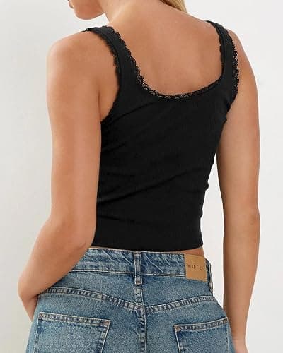 NODHUT Women's Tank Tops Cute Slim Fitted Ribbed Knit Bow Lace Camisole Top Sexy Summer Square Neck Sleeveless Going Out Tops thumbnail 2