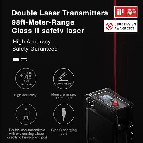 HOTO Laser Measuring Tool, Pocket-Size 98Ft Digital Laser Tape Measure ±2mm Accuracy, USB-C Rechargeable, OLED Display, Ft/M/in Unit Conversion, Real-time Data Sync, Cool Gadgets for Men & Home Use thumbnail 4