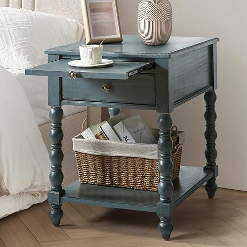 HULALA HOME Spindle Nightstands with Charging Station, Solid Wood Nightstand with Drawer Shelf, Side Table with Pull-Out Shelf (1, Blue) - Image 1