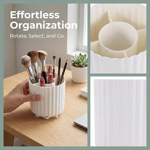 HEANUJJ Rotating Makeup Brush Holder Organizer Plastic Cosmetic Pencil Pen Storage Cup with 5 Slots and Compartments, 360° Access for Vanity Desktop or Bathroom thumbnail 4