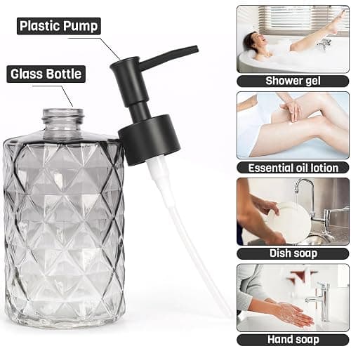 Ulable Glass Soap Dispenser with Plastic Pump, 2 Pack 12oz Gradient Diamond Design Black Soap Dispenser for Dishwashing Liquid, Lotion Shower Gel thumbnail 3