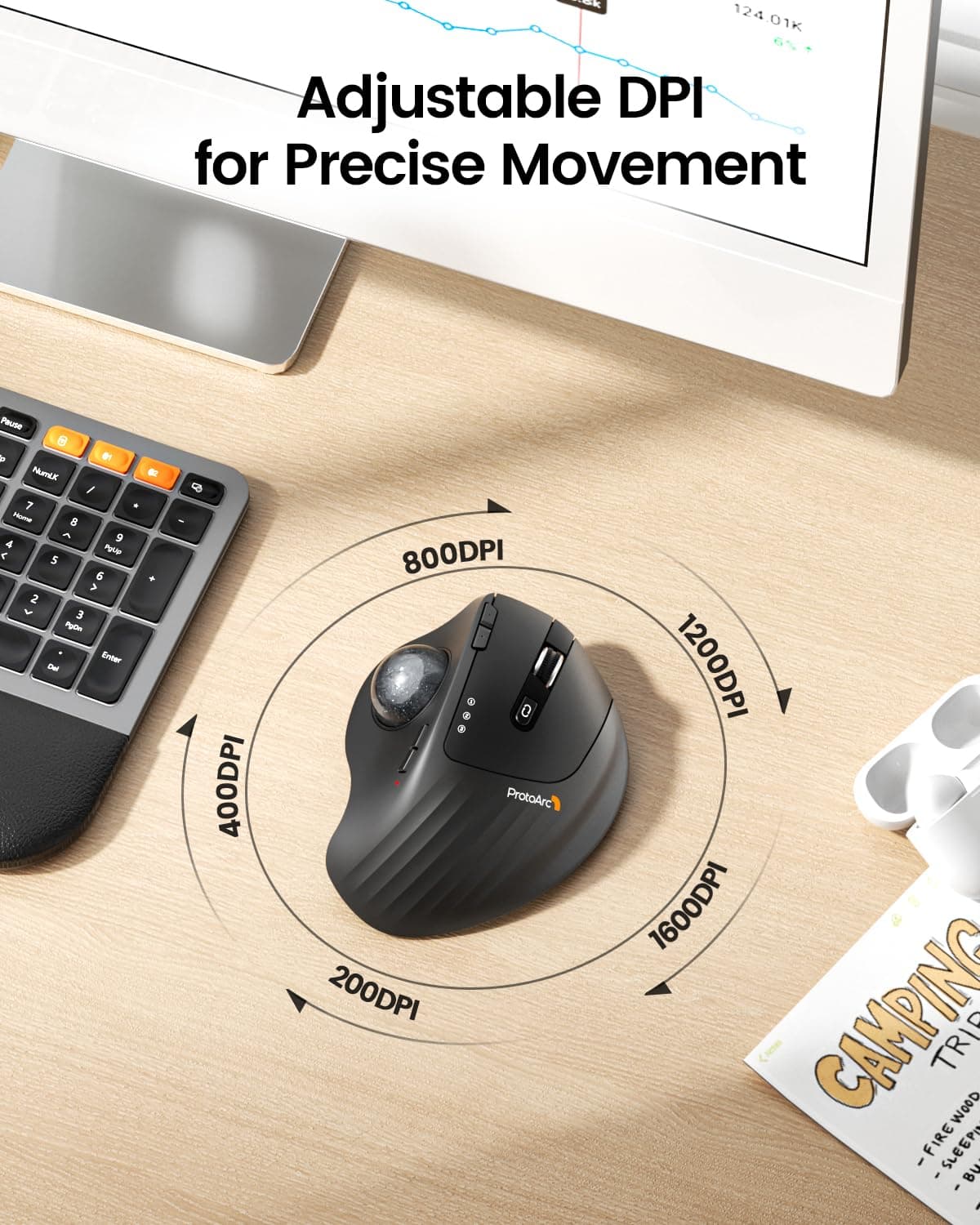 ProtoArc Wireless Trackball Mouse, EM01 NL Ergonomic Bluetooth Rollerball Thumb Rechargeable Computer Laptop Mouse, Adjustable Angle & 3 Device Connection for PC, Mac, Windows-Gray Ball thumbnail 5