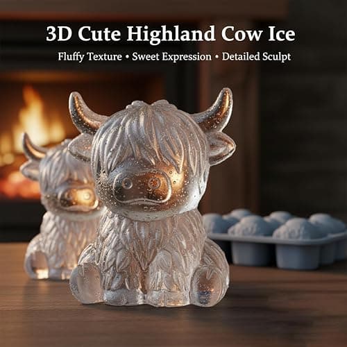Mini Highland Cow Ice Cube Mold, 3D Cute Cattle Silicone Ice Cube Trays for Whiskey Cocktails Beer Coffee & Drinks Party, Reusable Animal Dessert Mold, Easter Gifts for Friends & Cow Lovers (6-Cavity) thumbnail 2