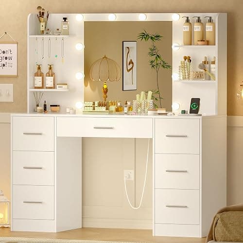 TEENFON Große Schminktisch mit verstellbaren LED-Beleuchtung und Steckdosen, Schminktisch mit Spiegel, 7 Schubladen, 4 offenen Ablagen und 5 Schmuckhaken für das Schlafzimmer, Weiß thumbnail 8