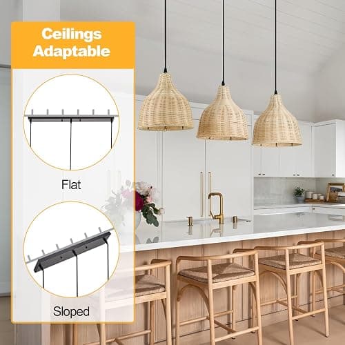 TERLEENART Bobo 3 Light Pendant Light, Hard Wired Hanging Chandelier with 9.84” Dome Rattern Wicker Shade,Suspended Lighting Fixture for for Kitchen Island Dining Bedroom Living Room Restaurants thumbnail 5