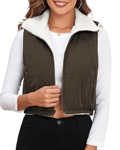 ZAFUL Women's 2024 Fleece Cropped Vest Sleeveless Zip Up Reversible Lightweight Jacket Sherpa Winter Puffer Coat Outerwear - Image 1