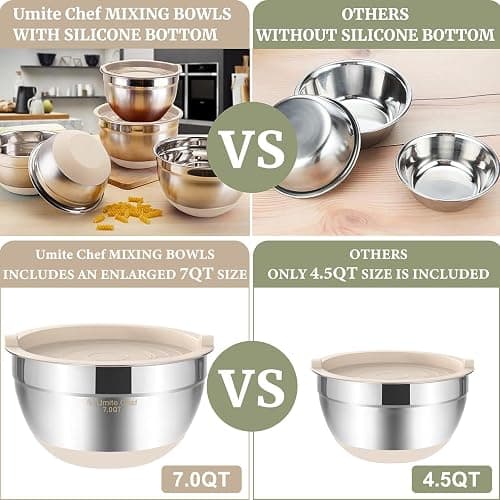 Umite Chef Mixing Bowls with Airtight Lids, 6 piece Stainless Steel Metal Nesting Storage Bowls, Non-Slip Bottoms Size 7, 3.5, 2.5, 2.0,1.5, 1QT, Great for Mixing & Serving (Khaki) thumbnail 3