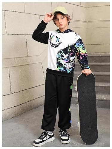 WDIRARA Boy's 2 Piece Outfits Colorful Graphic Print Long Sleeve Hoodie and Sweatpants Set Tracksuit thumbnail 5