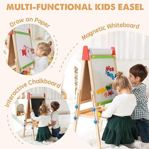 Tiny Land Easel for Kids with 2 Drawing Paper Roll, Adjustable Kids Art Easel, Learning-Toy for 3,4,5,6,7,8 Years Old Boy & Girls, Wooden Chalkboard & Magnetic Whiteboard & Painting Paper Stand thumbnail 3