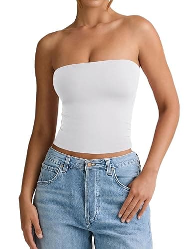 PINKMSTYLE Padded Tube Top with Bulit in Bra Strapless Bandeau Tops Double Lined Cute Going Out Tank Tops for Womens thumbnail 2