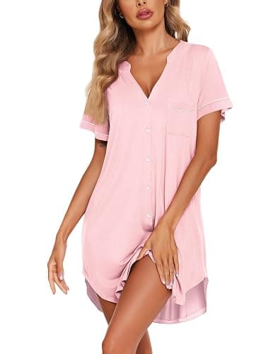 Ekouaer Nightgowns for Women Button Down Night Gowns Short Sleeve Sleep Shirt V Neck Nightshirt Soft Sleepwear Pajams Dress thumbnail 2