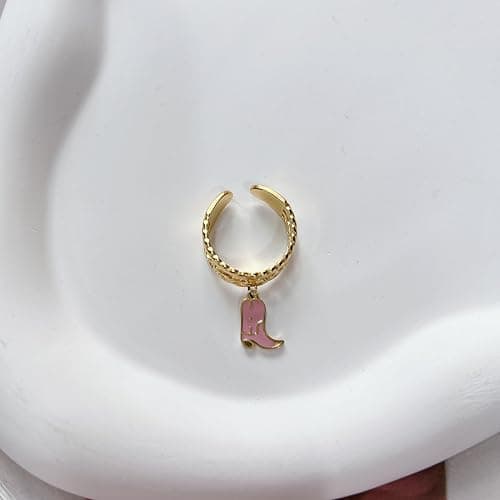 Layered Pink Western Cowgirl Boot Charm Statement Band Ring Goldtone Adjustable Stacking Cute Fashion Stainless Steel Cowboy Knuckle Finger Open Rings Country Rodeo Jewelry Gift for Women Her Daughter thumbnail 4