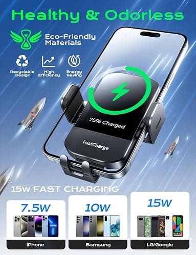CHGeek Wireless Car Charger, 15W Fast Charging Auto Clamping Phone Holders for Your Car Phone Mount fit for iPhone 17 16 15 14 13 12 Pro Max 11 XR XS, for Samsung Galaxy S25 Ultra S24 S23, Black thumbnail 2