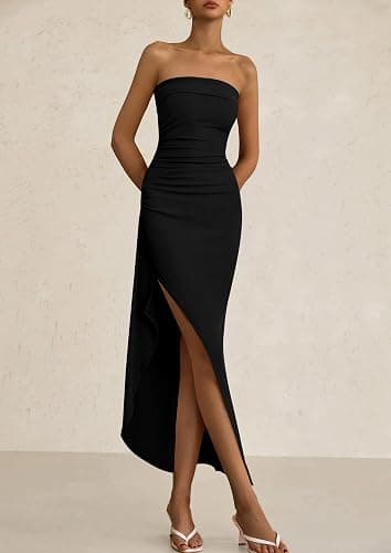 PRETTYGARDEN Women's Off Shoulder Bodycon Dresses 2025 Summer Ruched Asymmetrical High Split Elegant Cocktail Party Dress thumbnail 6