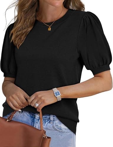 WIHOLL Women's Puff Short Sleeve Sweater 2025 Spring Summer Tops Trendy Business Casual Outfits Work Blouses Clothes thumbnail 2